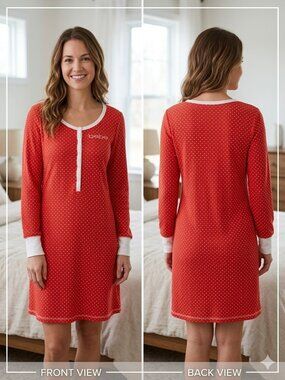 bebe Sleepwear Nightgown M Red White Polka Dot Waffle Knit Henley Long Sleeve